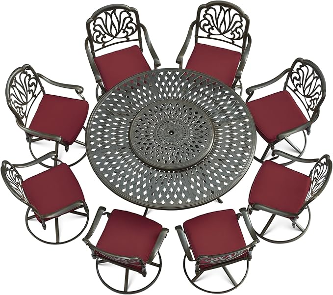 VIVIJASON 9-Piece Patio Dining Set, Rust-Free Cast Aluminum Outdoor Conversation Set, Includes 8 Swivel Dining Chairs & 61" Round Dining Table with 31" Lazy Susan, Umbrella Hole, Red