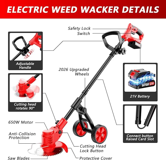 Electric Weed Wacker Cordless, 4000mAh Weed Eater Battery Powered with Wheel, 4 in 1 Grass Trimmer/Heavy Duty Brush Cutter/Lawn Edger/Weed Trimmer, No String Trimmer with Blade, 2 Battery Garden Tool