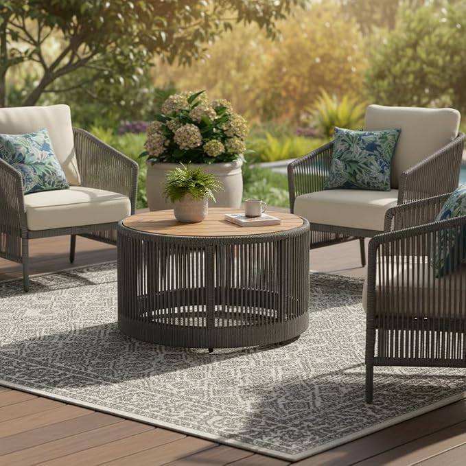 Outdoor Rattan Coffee Table with Solid Acacia Wood Tabletop, Patio Round Coffee Table Side Table (Grey)