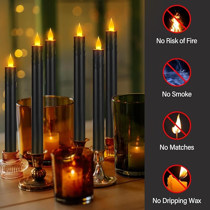 wemarry Flameless Taper Candles 10.6" Dripless Battery Operated Taper Candles Included Remote Timer 400+ Hours by 2AA Batteries for Halloween Christmas Wedding (Black, 6 Pack)