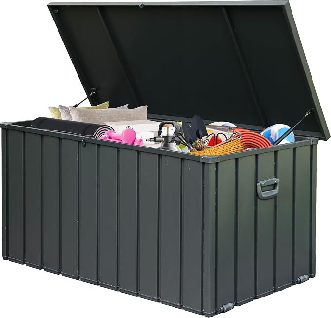 Domi Deck Box 200 Gallon Outdoor Storage Box, Large Metal Storage Cabinet Waterproof Lockable Container for Patio Furniture Cushions Garden Tools Pool-Supplies, Dark Grey