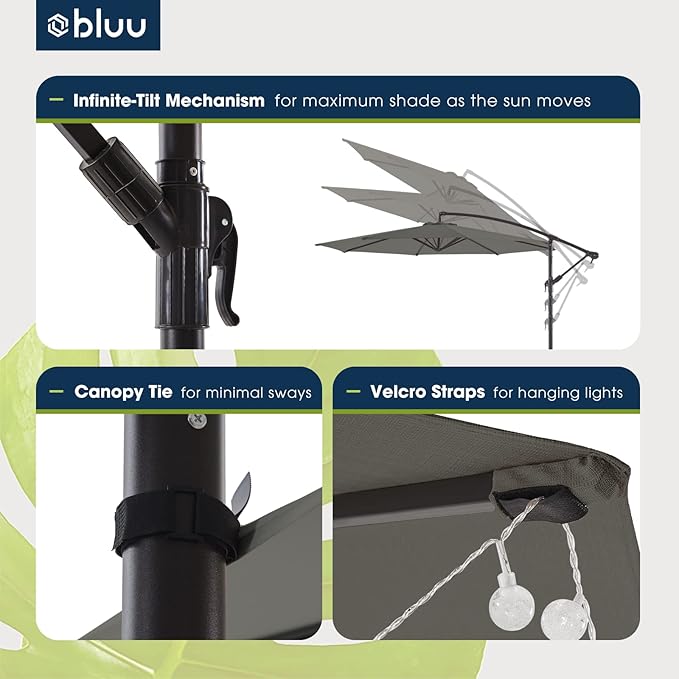 BLUU 10 FT Patio Offset Umbrella Outdoor Cantilever Umbrella Hanging Umbrellas, Fade Resistant & Waterproof Solution-Dyed Canopy Fabric with Infinite Tilt, Crank & Cross Base (Dark Grey)