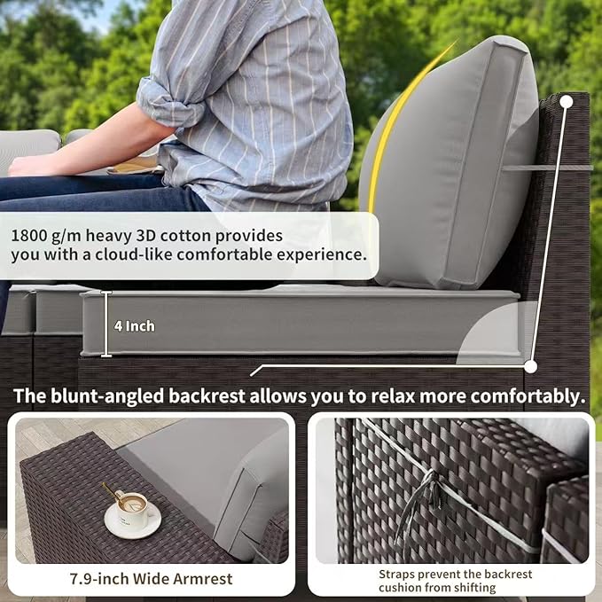 Gotland 9 Pieces Patio Furniture Set with 2 Swivel Chairs, 7-Seater Patio Furniture in 4 Combinations with Wide Armrests 29.5'' High Backrest, Wicker Outdoor Sectional for Deck Garden Pool Gray
