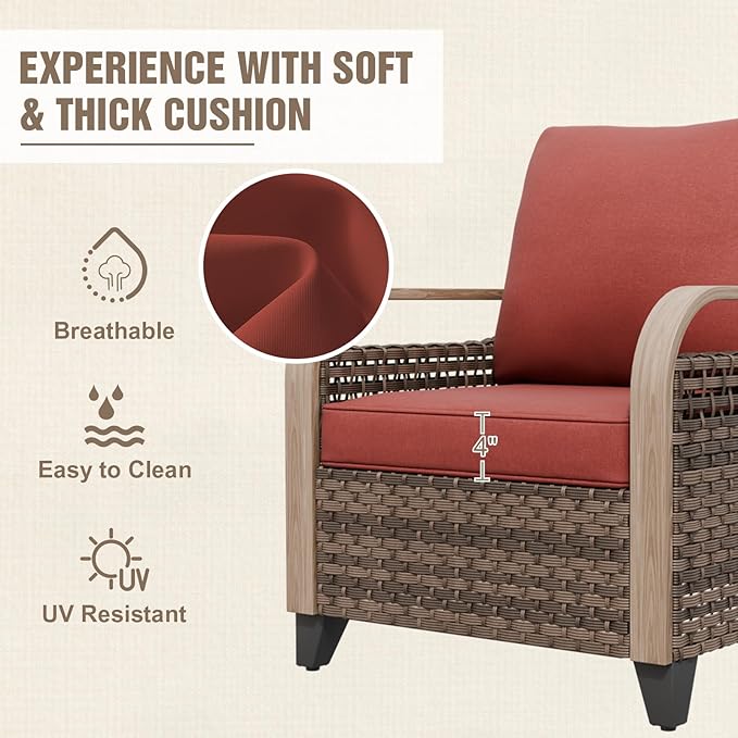 Modern Wicker Patio Furniture Set, Rattan Outdoor Conversation Set with Comfortable Cushions, 2 Patio Chairs, 2 Seat Loveseat, 2 Ottomans and Coffee Table, 6 Pieces, Brown/Red
