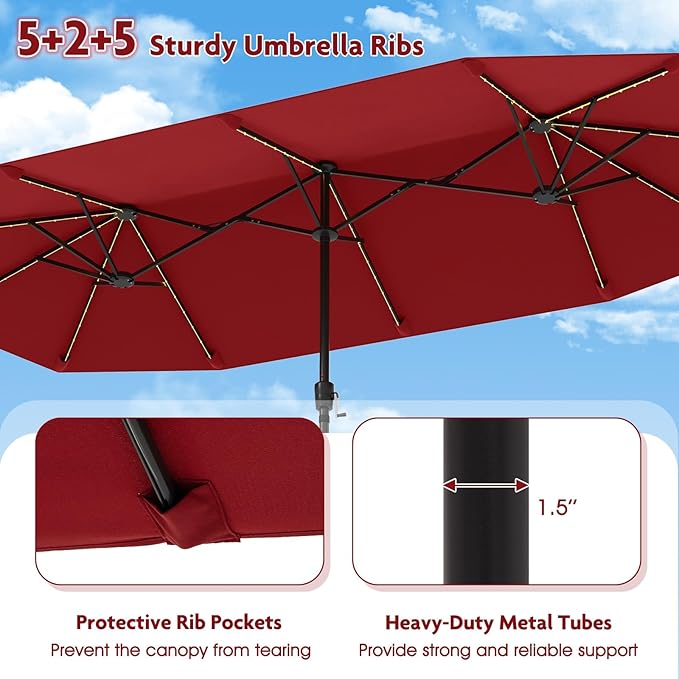 Tangkula 13 Ft Solar Patio Umbrella, Double-Sided Extra Large Outdoor Market Table Umbrella with 108 LED Lights, Crank Handle, 12 Sturdy Ribs for Poolside, Garden & Backyard (Burgundy)