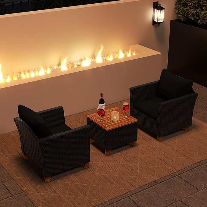 Tangkula 3 Pieces Patio Porch Furniture Set, PE Rattan Wicker Chair Conversation Set with Cushions and Storage Table, Outdoor Acacia Wood Bistro Set for Garden, Poolside (Black)