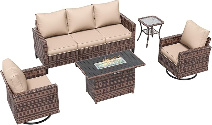 Amopatio Patio Furniture Set, 5-Piece Wicker Outdoor Sectional Sofa with Swivel Rocker Chairs, All-Weather Rattan Conversation Set with Fire Pit Table and Waterproof Cover for Backyard Brown/Khak