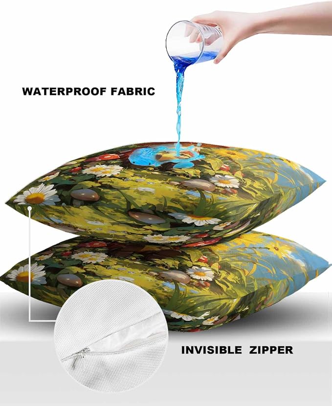 Outdoor Waterproof Throw Pillow Covers 24x24in, Fall Gnome Mushrooms Cushions for Garden Patio Furniture Chairs Set of 2, Sunflowers Floral Home Decor Couch Sofa Polyester Pillow Cases