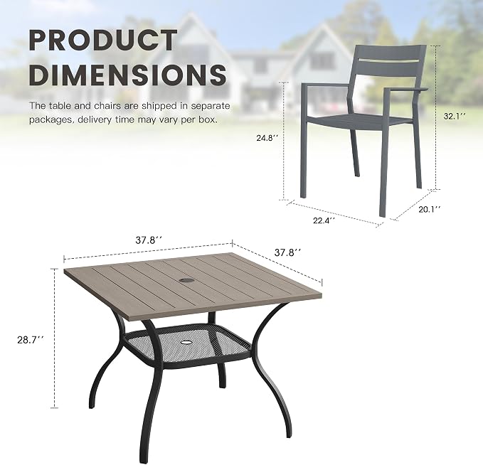 Patio Dining Set for 4, 37.8" Outdoor Dining Table and Chairs Set with Stackable Patio Chairs Outdoor Furniture for Garden Deck Backyard, Grey Table and Grey Chairs