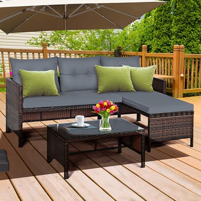 DORTALA 3 Piece Wicker Patio Furniture Set, PE Rattan Outdoor Sectional Sofa Conversation Set with Loveseat, Lounge and Tempered Glass Coffee Table for Garden Lawn Deck (Grey)