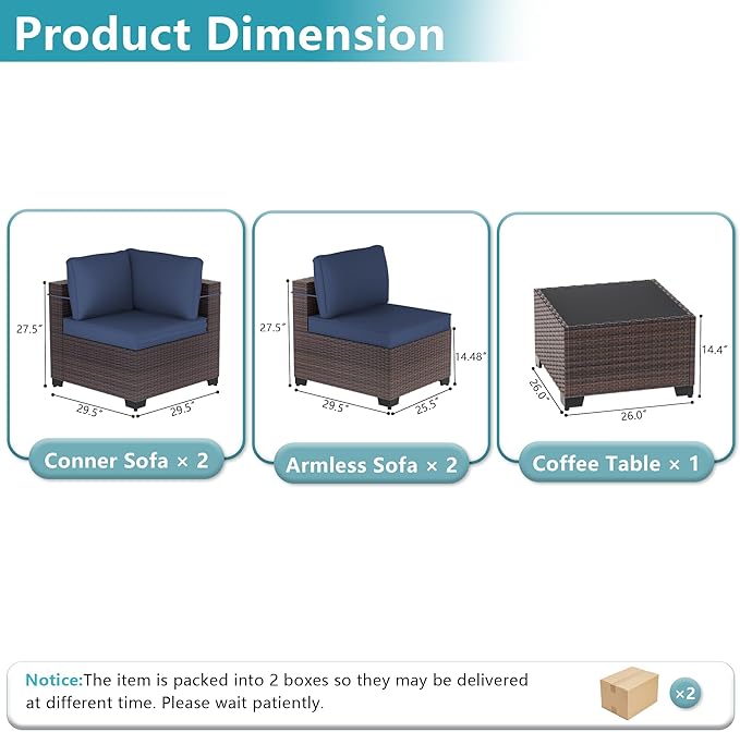 ALAULM 5 Pieces Patio Furniture Set Wicker Patio Conversation Set, Outdoor Sectional Furniture w/Coffee Table & Washable Seat Cushions-Dark Blue
