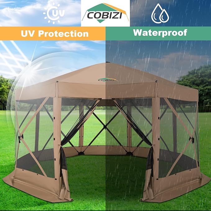 COBIZI 15x15 FT Pop Up Gazebo - Canopy Tent, Large Gazebos On Clearance,Instant Screened in Gazebo,carpas para Patio,Portable Screen Tents for 12-15 Persons Outdoor Camping, Backyard,Khaki