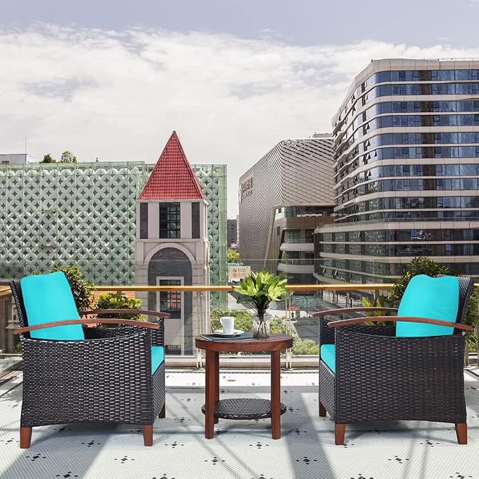 COSTWAY 3PCS Patio Rattan Furniture Set, Outdoor Solid Wood Frame Cushion Sofa with Round Table for Garden Porch Backyard Poolside (Turquoise)
