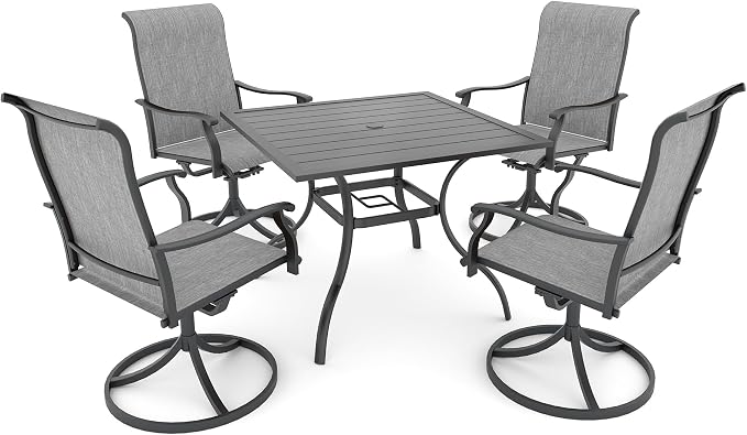 Anmutig 5 Piece Outdoor Patio Dining Set, 4 Swivel Rocking Patio Chairs & Square Dining Table Outdoor Furniture for Backyard Bistro Garden Poolside, Grey