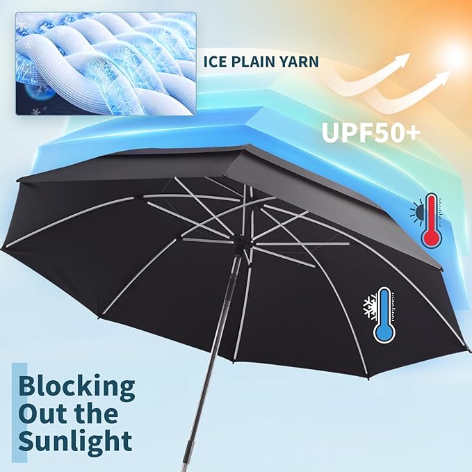 48.6" Double Canopy Beach Umbrella with Clamp, UPF50+ Beach Chair Umbrella with clip, 360°Adjustable Portable Outdoor Wheelchair, Patio, Golf Carts,Camping(Black)