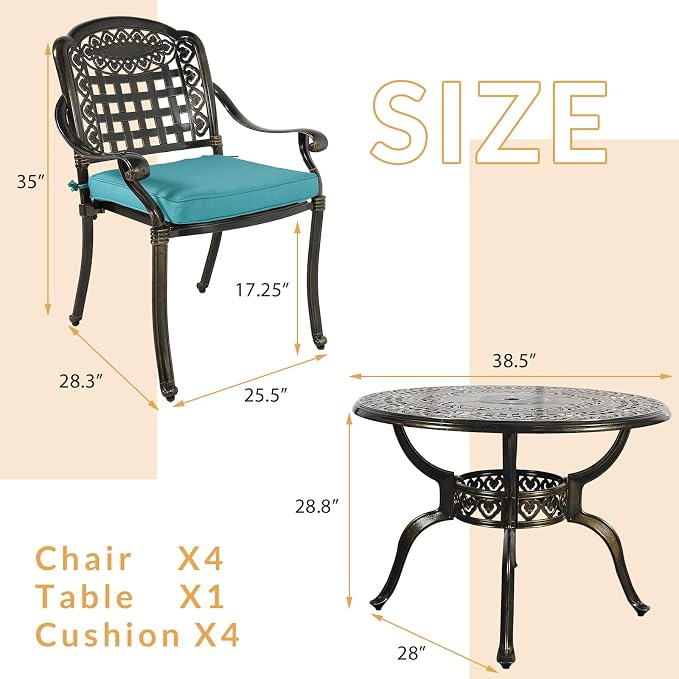 5-Piece Outdoor Patio Dining Set, All-Weather Cast Aluminum Patio Furniture Set for Backyard Garden Deck with 4 Chairs, 4 Cushions and 38.5" Round Table, 2" Umbrella Hole, Blue