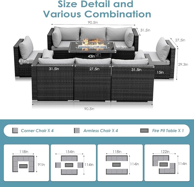 RADIATA 9 Piece Wicker Patio Furniture Set with Fire Pit, All-Weather Outdoor Sectional Couch High Back Large Size, Modular Backyard Seating Sofa Set with Propane/Natural Gas Firepit Table, Light Grey