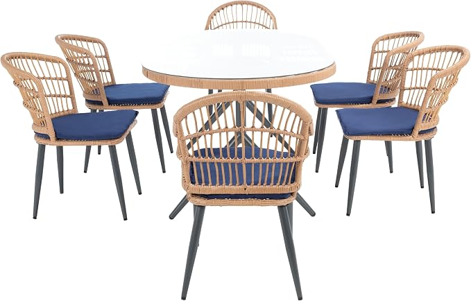 SAFAVIEH Outdoor Collection Genser Natural Rattan/Navy Blue Cushion 7-Piece Patio Backyard Dining Set