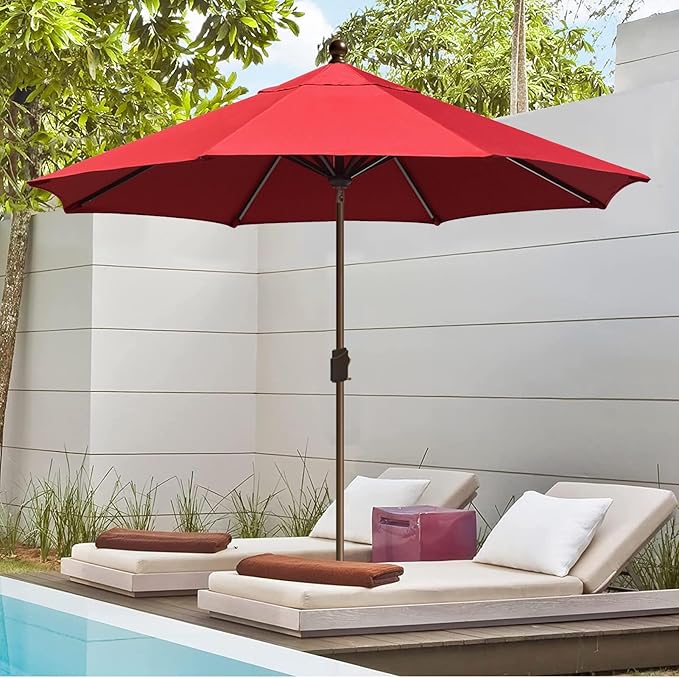 EliteShade USA 10-Year-Non-Fading 10Ft Market Patio Umbrella, UPF 50+ UV Protection Performance Sun Umbrella, Heavy Duty Commercial Grade Outdoor Table Umbrella with Crank & Tilt, Windproof Vented Top for Garden, Pool, Deck and Outdoor Playsets, Logo Red