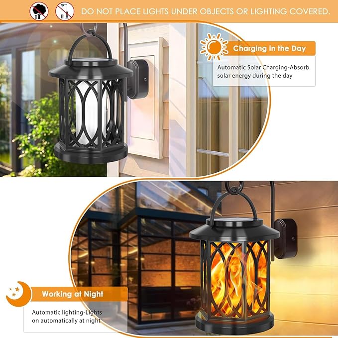 YoungPower Solar Flickering Flame Lantern Outdoor Lights , Waterproof Hanging Solar Lanterns Lights, Solar Powered Lanterns Outdoor for Patio Yard Deck Pathway, 4 Pack