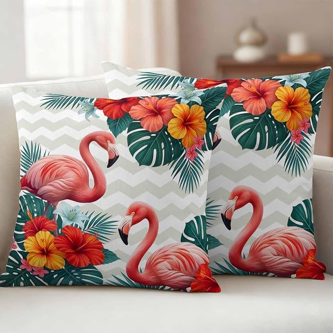 Pink Flamingos Outdoor Pillow Covers 16"x16" Set of 2, Summer Red Hibiscus Flower Tropical Plant Wave Stripes Waterproof Throw Pillow Covers for Patio Furniture, Decorative Cushion Covers for Porch