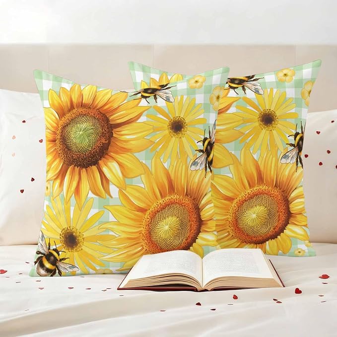 Outdoor Throw Pillow Covers,Pastoral Sunflower Bee Waterproof Decorative Pillowcases Cushion Cover Spring Daisy Floral Buffalo Plaid Pillow Cases for Patio Couch Sofa Bed,24x42in Set of 2
