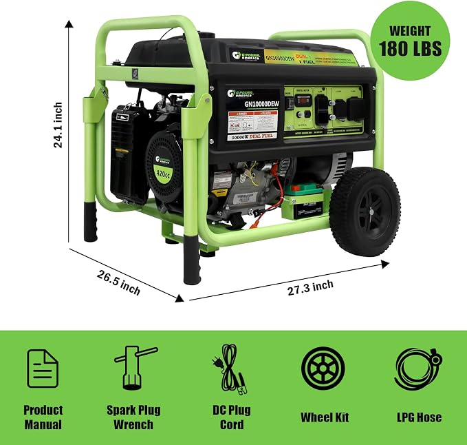 Green-Power America Portable Generator 10000 Watt Gas/Propane Dual Fuel Electric Start Home Backup & RV Ready 120V/240V Outlets Camping Commercial & Residential Emergency Home Backup - EPA Compliant