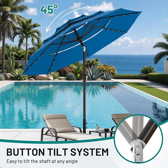 AreShark 9ft 3 Tiers Patio Umbrella with Solar Lights, Outdoor Umbrella w/ 32 LED Lights&8 Sturdy Ribs, Table Umbrella for Deck, Backyard, Pool (Royal Blue)