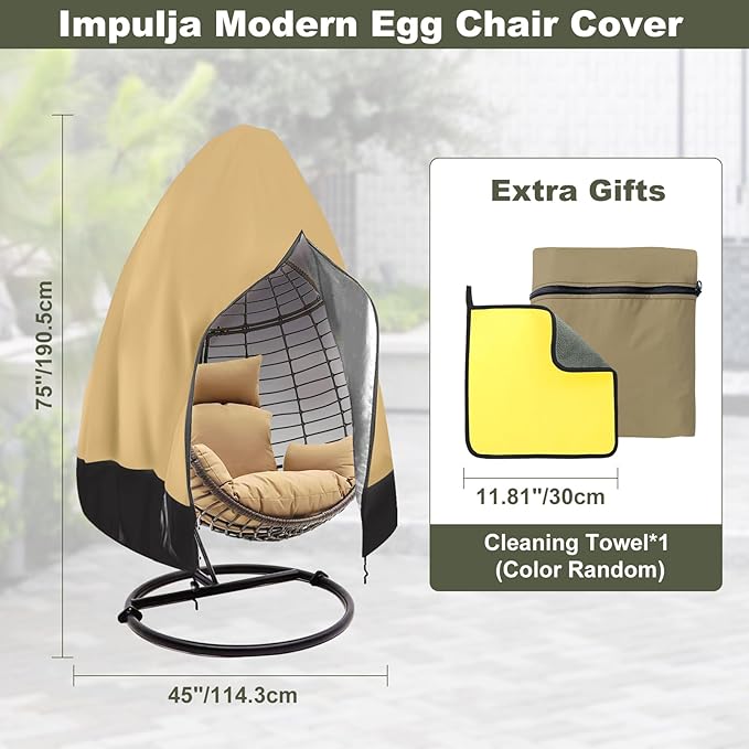 Patio Egg Chair Cover with Zipper,Outdoor Hanging Egg Chair Cover,UV Resistant,Windproof Heavy Duty,Wicker Egg Swing Chair Covers, Universal Fit Patio Hanging Chair Protector,Khaki