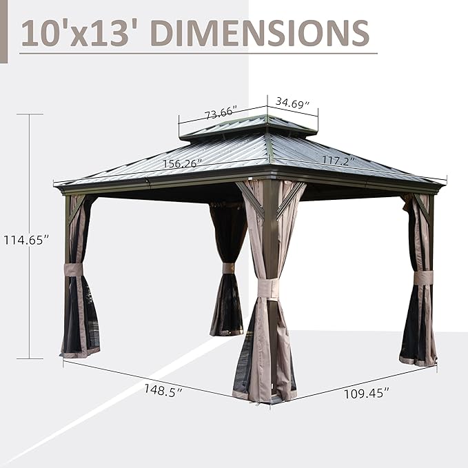 Domi 10' X 13' Hardtop Gazebo, Upgraded Metal Gazebo with Drainage System, Dual-Layer Galvanized Steel Roof, Curtain and Netting, Outdoor Shelter Canopy for Patio, Garden, and Backyard, Brown