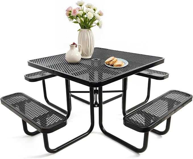 46IN Square Metal Picnic Table Set with Umbrella Hole and Benches for Outdoor, Expanded Heavy Duty Metal Commercial Grade Patio Dining Furniture for Yard Patio Lawn Party Coffee, Black