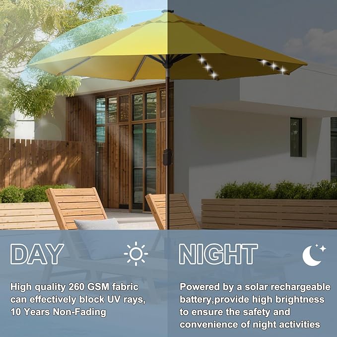 EliteShade USA 10-Year-Non-Fading 10ft Market Patio Umbrella, Commercial Grade Table Sun Umbrella with 80 Solar LED Lights, Crank Open, Windproof & UPF 50+ UV Protection for Garden, Deck, Pool, Backyard, Sunflower Yellow