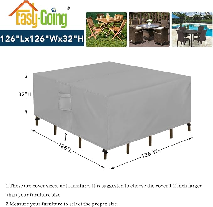 Easy-Going Square Patio Furniture Cover Waterproof Outdoor Dining Table and Chair Cover Anti-UV Outside Sectional Sofa Set Covers (126"L x 126"W x 32"H, Grey)