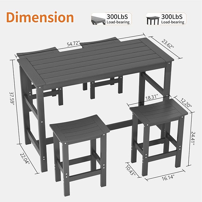 5Pcs HIPS Outdoor Bar Set, Weatherproof Patio Bar Table and Chairs Set for Outside, 55" Rectangular High Top Bar Table with 4 Bar Stools for Patio, Poolside, Balcony, Hot Tub, Black