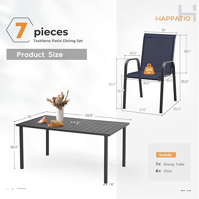 HAPPATIO Outdoor Patio Dining Set, 6 Quick Dry Textilene Dining Chairs and Dining Table with Umbrella Hole, Stackable Textilene Chairs for Garden, Patio and Poolside Backyard, Blue