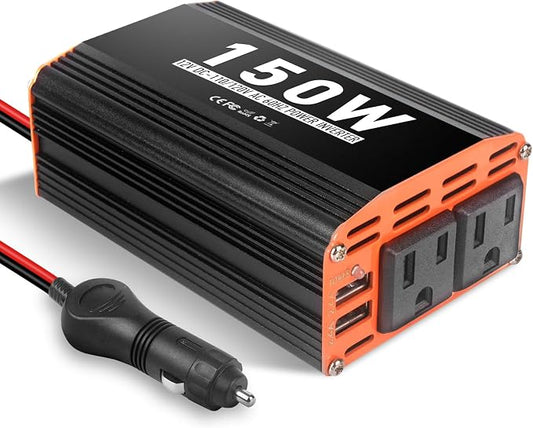150W Car Power Inverter 12V AC to 110V/120V DC Converter Peak Power 300W Indoor & Outdoor Use with 2 AC Outlets & 2 USB Ports Car Laptop Charger Car Adapter