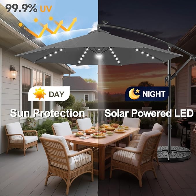Solar Offset Patio Umbrella - 10 FT Solar Cantilever Umbrella Outdoor with 40 LED Lights and Cross Base, UV Protection for Garden, Deck, Backyard, Pool, Porch, Anthracite