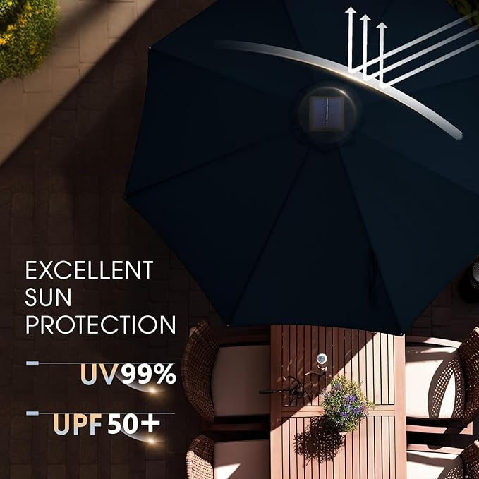wikiwiki 9ft Solar Led Patio Umbrella, Sturdy Outdoor Market Umbrella for Deck, Pool, Garden w/Tilt, Crank, 32 LED Lights, Navy Blue