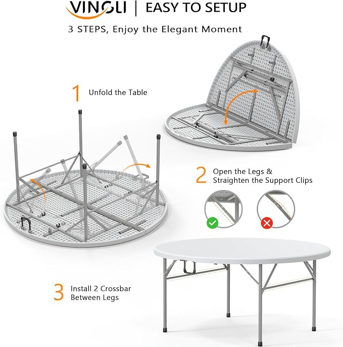 VINGLI White 5 FT Round Bi-Folding Commercial Table, 60 inch Portable Plastic Dining Card Table for Kitchen Party Wedding Event, 5-Pack