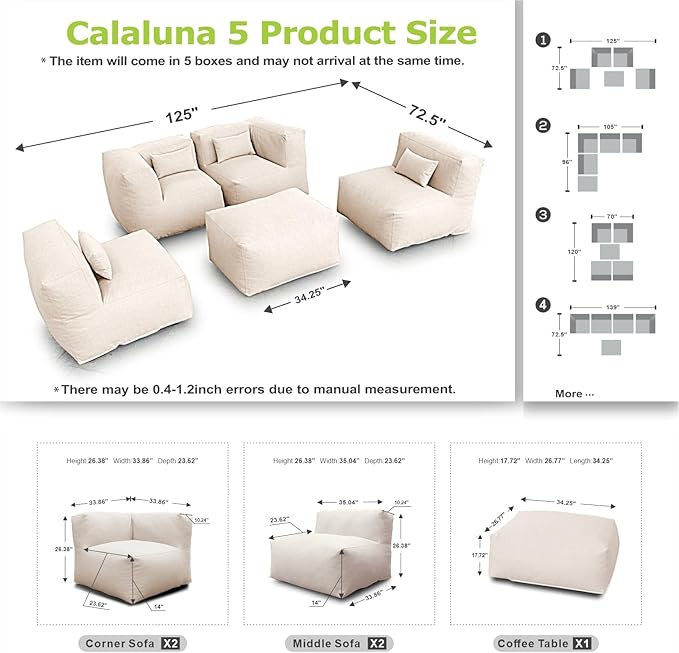 Patio Furniture Set Bean Bag Chairs Calaluna 5PC Outdoor Chairs Sectional Conversation Patio Set Daybed Furniture Outdoor Sofa Couch High Density Foam Filling Modern Comfy Patio Couch (Light Beige)