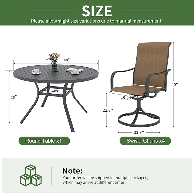 Anmutig 5 Pieces Outdoor Patio Dining Set, 4 Swivel Textilene Dining Chairs & 1 Round Outdoor Dining Table with 1.6"/1.9" Umbrella Hole for Backyard Bistro Outdoor Furniture Brown