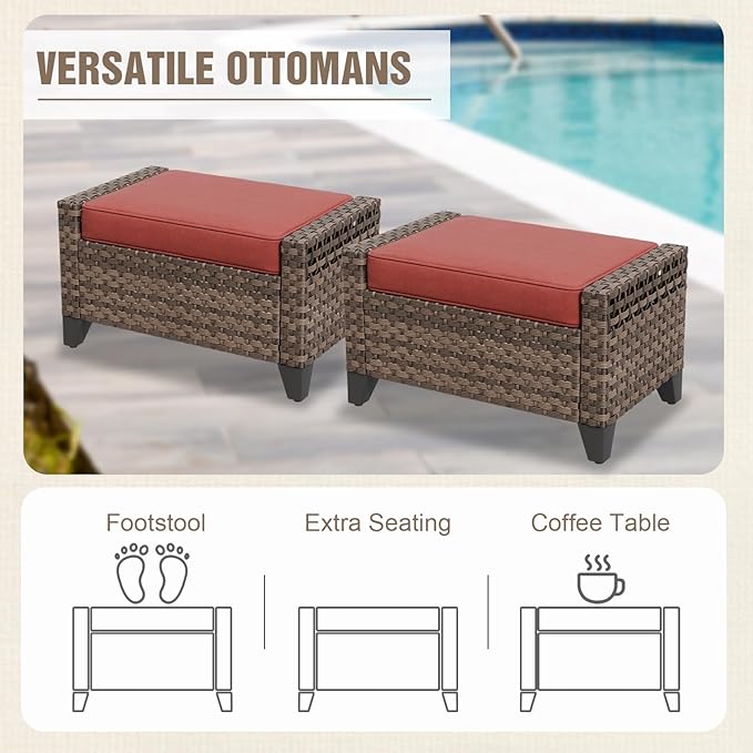 Modern Wicker Patio Furniture Set, Rattan Outdoor Conversation Set with Comfortable Cushions, 2 Patio Chairs, 2 Seat Loveseat, 2 Ottomans and Coffee Table, 6 Pieces, Brown/Red