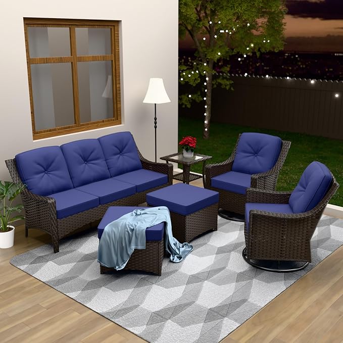 Stone Creek Outdoor Furniture Set with Swivel Rocking Chairs, 3 Seater Couch, Side Table & Ottomans, Wicker Patio Conversation Set, Balcony Furniture, 6 Piece, Brown/Blue