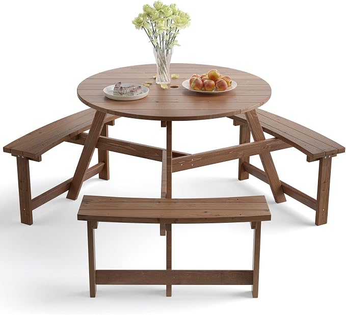 GYMAX Picnic Table, 6 People 1720lbs Wooden Picnic Table Bench Set with Umbrella Hole, Heavy Duty Outdoor Camping Dining Table with Seat for Patio Lawn Backyard Garden Deck Poolside