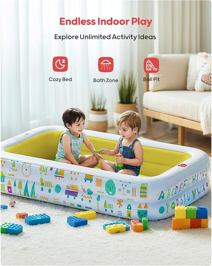 QPAU Kiddie Pool – 65" x 39" Inflatable Pool for Kids & Toddlers, Ball Pit & Baby Pool with Soft Cushioned Floor, Canopy for Sun Protection, Durable Outdoor Play Toys for Backyard & Indoor (Yellow)
