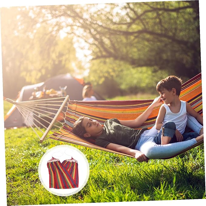 Single Person Rainbow Striped Canvas Hammock for Camping and Outdoor Leisure, Travel Portable Cotton Fabric Swing with Anti-tip Design, Red