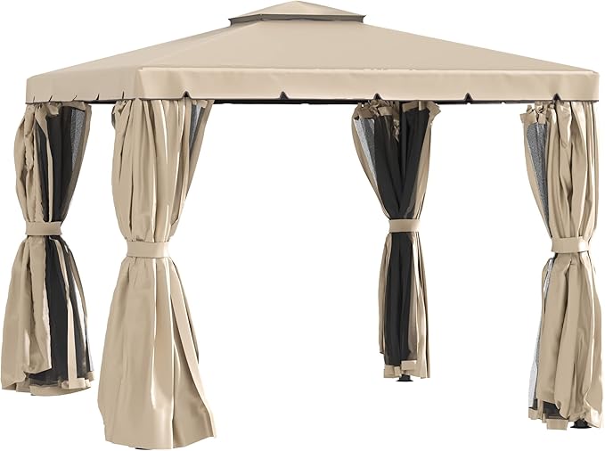Outsunny 10' x 10' Patio Gazebo, Aluminum Frame Double Roof Outdoor Gazebo Canopy Shelter with Netting & Curtains, for Garden, Lawn, Backyard and Deck, Khaki