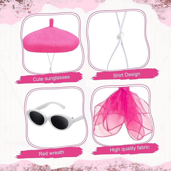 Yaomiao 3 Pcs 50s French Porch Goose Outfit Set for 23'' 17'' Cement Lawn Goose Costume Beret Hat for Carnival Statue Decor(Hot Pink)