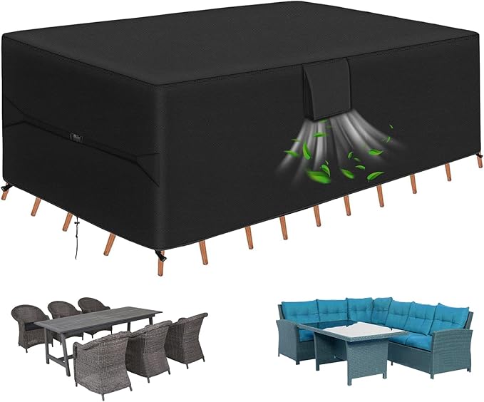 RICHIE Patio Furniture Covers - 600D Heavy Duty Waterproof Rectangle Table Cover, Lawn Furniture Set Covers for Outside Dining Table and Chairs Seating 111"L x 74"W x 28"H