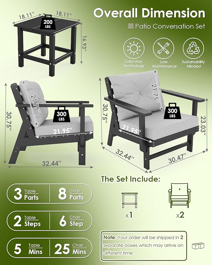 GREENVINES 3-Piece-Patio-Furniture-Set | HDPE Plastic | Outdoor Sectional Conversation Sets | All-Weather Couch | Sofa with Side Table | Detachable Armrests | for Deck Lawn | Black